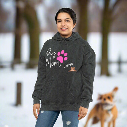 Dog Mom Mineral Wash Hoodie with personalized pet name.