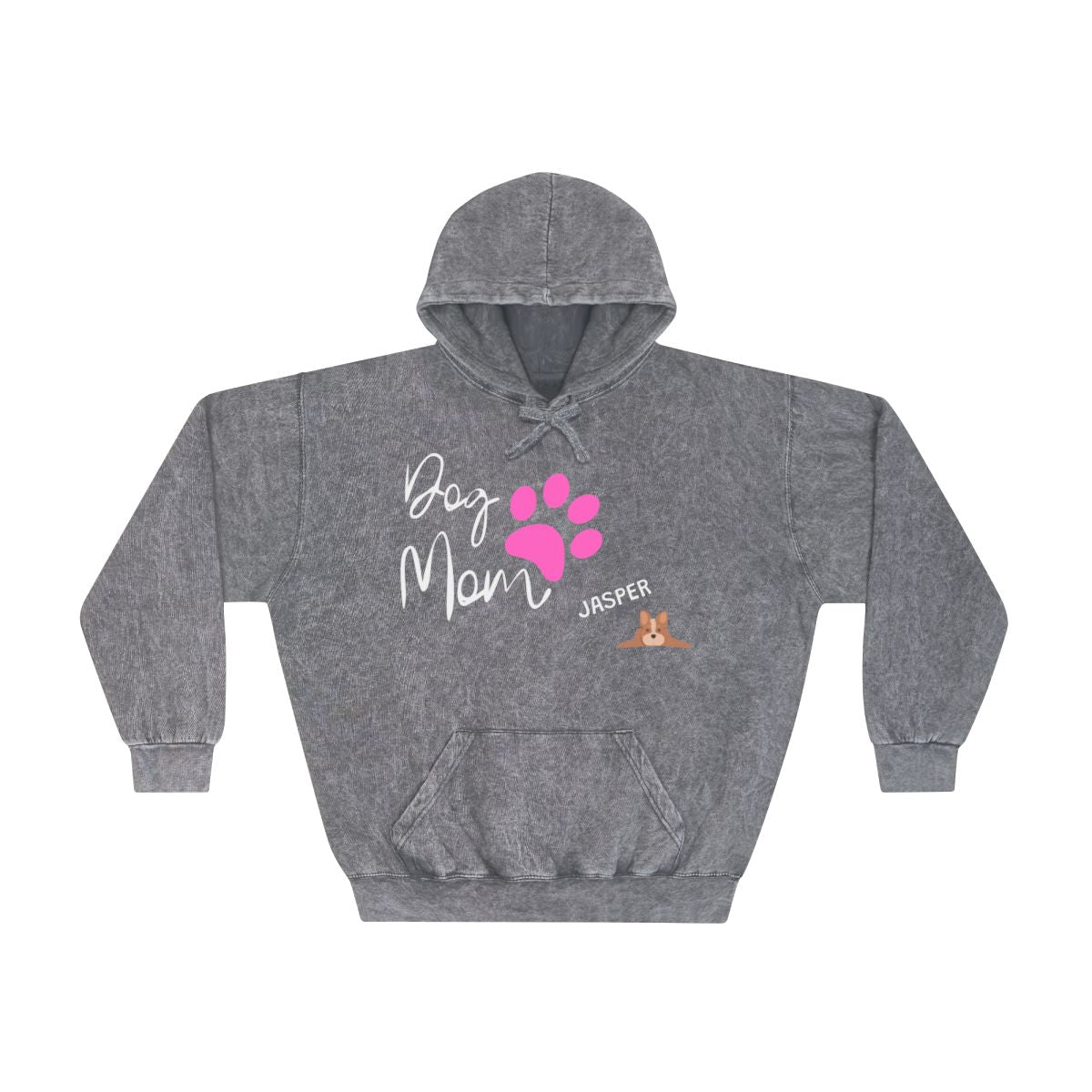 Dog Mom Mineral Wash Hoodie with personalized pet name.