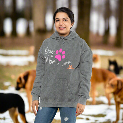 Dog Mom Mineral Wash Hoodie with personalized pet name.