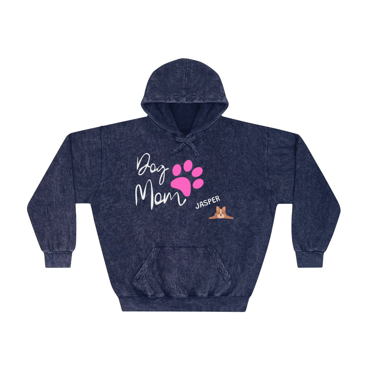 Dog Mom Mineral Wash Hoodie with personalized pet name.