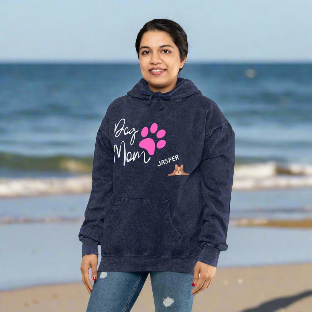 Dog Mom Mineral Wash Hoodie with personalized pet name.